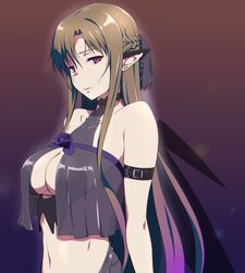  alternate_color alternate_eye_color alternate_wing_color asuna_(sao) bare_shoulders black_wings braid breasts brown_hair cleavage closed_mouth dark_persona ear_armor ear_covers earrings fairy fairy_wings female jewelry large_breasts long_hair multicolored_background navel pointy_ears puge red_eyes see-through shiny_clothes solo stomach sword_art_online titania_(sao) upper_body wings 