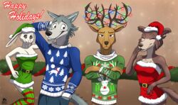  anthro beastars breasts canid canine canis carnivore cervine christmas christmas_clothing christmas_headwear christmas_lights christmas_sweater christmas_topwear cleavage clothed clothing cords deer domestic_rabbit dwarf_rabbit female festive group happy haru_(beastars) hat headgear headwear herbivore holidays juno_(beastars) lagomorph legoshi_(beastars) leporid lights louis_(beastars) male male/female mammal mightyraptor oryctolagus rabbit red_deer santa_hat standing sweater topwear warm wolf 