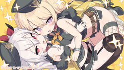  2girls anchor_hat_ornament azur_lane bache_(azur_lane) bache_(azur_lane)_(cosplay) bare_shoulders black_headwear black_shirt blade_(galaxist) blonde_hair blush breast_press breasts collar commentary_request cosplay crop_top denim denim_shorts fishnet_thighhighs fishnets fur-trimmed_jacket fur_trim hat hat_ornament jacket long_hair looking_at_viewer matching_outfits micro_shorts multiple_girls official_art open_mouth pink_collar purple_eyes red_eyes sailor_hat school_uniform serafuku shirt shorts single_thighhigh small_breasts smile sparkle symmetrical_docking thighhighs thighs twintails vampire_(azur_lane) white_hair yellow_jacket 