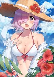  :d absurdres ayul_(ayulneri_92) bare_shoulders bikini blue_sky blush bow breasts cleavage collarbone day fate/grand_order fate_(series) female flower hair_over_one_eye halterneck hand_on_own_chest hat hat_flower hibiscus highres large_breasts light_purple_hair looking_at_viewer mash_kyrielight mash_kyrielight_(swimsuit_of_perpetual_summer) navel off_shoulder official_alternate_costume open_mouth outdoors pink_bow purple_eyes short_hair side-tie_bikini_bottom sky smile solo straw_hat sun_hat swimsuit white_bikini 