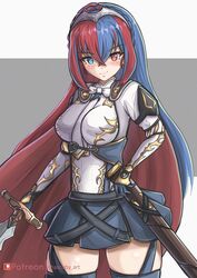  alear_(female)_(fire_emblem) alear_(fire_emblem) blue_eyes blue_hair blush bow braid chascoby crossed_bangs crown_braid female fire_emblem fire_emblem_engage fire_emblem_heroes heterochromia highres long_hair multicolored_hair patreon_username red_eyes red_hair skindentation smile solo split-color_hair sword thigh_strap thighhighs thighs two-tone_hair very_long_hair watermark weapon white_bow zettai_ryouiki 