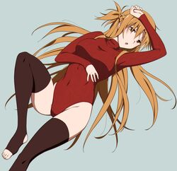  :o arm_on_own_head arm_under_breasts asuna_(sao) braid breasts brown_eyes brown_hair brown_thighhighs female foot_out_of_frame groin heattech_leotard highres knee_up large_breasts leotard leotard_sweater long_hair long_sleeves lying no_shoes on_back open_mouth puge red_leotard red_sweater ribbed_leotard sleeved_leotard solo sweater sword_art_online thighhighs toeless_legwear turtleneck turtleneck_leotard very_long_hair 