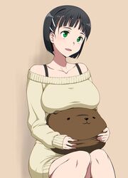  :d bare_shoulders black_hair bra_strap breast_rest breasts brown_background brown_sweater collarbone female hair_ornament hairclip holding holding_pillow invisible_chair kirigaya_suguha large_breasts off-shoulder_sweater off_shoulder open_mouth pillow puge short_hair simple_background sitting sleeves_past_wrists smile solo sweater sword_art_online 