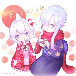  2021 2girls ahoge animal_print azur_lane blue_eyes braid braided_bun cherry_blossom_print commentary crown_braid eating floral_background floral_print food food_in_mouth frilled_kimono frills full_body hair_between_eyes hair_bobbles hair_bun hair_ornament hair_over_one_eye holding japanese_clothes kimono looking_at_viewer mochi mochi_trail multicolored_hair multiple_girls obi odin_(azur_lane) odin_(black_strokes_upon_blank_snow)_(azur_lane) official_alternate_costume one_side_up parted_lips purple_eyes purple_kimono purple_sash rabbit_print red_hair red_kimono red_scarf sash scarf seiza shark_print short_hair sidelocks sitting streaked_hair taka-8g translated twitter_username u-110_(azur_lane) u-110_(new_year_small_shark)_(azur_lane) white_background white_hair wide_sleeves 