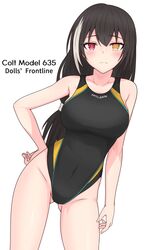  absurdres alternate_costume ass_visible_through_thighs black_hair blush breasts character_name competition_swimsuit covered_nipples dutch_angle english_text female frown girls&#039;_frontline gotoo grey_hair hair_between_eyes hand_on_own_hip hashtag-only_commentary heterochromia highleg highleg_swimsuit highres large_breasts long_hair looking_at_viewer multicolored_hair one-piece_swimsuit red_eyes ro635_(girls&#039;_frontline) solo streaked_hair swimsuit thighs weapon_name yellow_eyes 