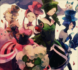  4girls bad_id bad_pixiv_id bare_shoulders battle_chatelaine blonde_hair blue_eyes blue_hair dana_(pokemon) dress drill_hair elbow_gloves evelyn_(pokemon) gloves green_hair hat holding holding_poke_ball long_hair lumineon mantine morgan_(pokemon) multicolored_hair multiple_girls nita_(pokemon) okii pachirisu pantyhose petals photoshop_(medium) pink_eyes pink_hair poke_ball poke_ball_(basic) pokemon pokemon_(creature) pokemon_xy remoraid skirt skirt_set top_hat twin_drills twintails two-tone_hair whimsicott wigglytuff yellow_eyes 