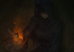  absurdres breasts dark_souls_(series) dark_souls_i female fire highres hood light_smile looking_at_viewer medium_breasts nat_the_lich outstretched_hand photoshop_(medium) quelaana_of_izalith robe shaded_face solo 