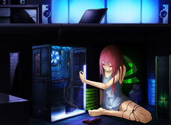  bad_id bad_pixiv_id barefoot computer drill female graphics_card hand_fan highres long_hair motherboard nvidia original power_supply red_eyes red_hair solo solru speaker wire 