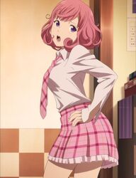  back_view female from_behind highres kodansha kofuku_(noragami) necktie noragami pink_hair plaid plaid_skirt pleated_skirt purple_eyes school_uniform screencap short_hair skirt 