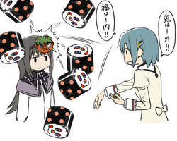  2girls akemi_homura akemi_homura_(magical_girl) arms_at_sides beans black_eyes black_hair black_ribbon blazer blue_hair charlotte_(madoka_magica) commentary_request expressionless food_with_face in_the_face jacket jitome long_hair long_sleeves mahou_shoujo_madoka_magica mahou_shoujo_madoka_magica_(anime) mask miki_sayaka mitakihara_school_uniform motion_lines multiple_girls oda_takayuki oni_mask ribbon school_uniform setsubun short_hair simple_background sleeve_cuffs throwing translated white_background 