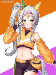  animal_ears asymmetrical_clothes bandaid bandaid_on_face black_gloves black_shirt blush braid breasts closed_mouth cropped_shirt crossed_bandaids detached_sleeves ear_covers fanny_pack female fingerless_gloves gloves grey_hair groin hand_up headband highres horse_ears horse_girl horse_tail long_hair midriff navel orange_shirt outline shirt shirt_under_shirt side_ponytail simple_background single_braid single_pantsleg sleeveless sleeveless_shirt sleeveless_turtleneck small_breasts smile solo sonon_elfie_(umamusume) stomach tail turtleneck twitter_username umamusume v white_outline yellow_eyes yuusen_(aenka) 