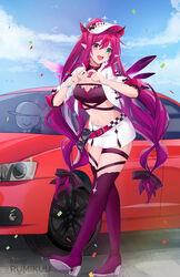  +_+ absurdly_long_hair alternate_costume blush boots bow breasts brown_bow car choker cleavage collarbone day female full_body green_eyes guyrys hairbow heart heart_hands high_heel_boots high_heels highres hololive hololive_english horns irys_(hololive) k-rumi large_breasts long_hair looking_at_viewer motor_vehicle multicolored_hair navel open_mouth outdoors pink_eyes pink_hair pointy_ears race_queen red_hair skirt smile teeth thigh_boots upper_teeth_only very_long_hair virtual_youtuber white_skirt 