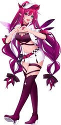  +_+ absurdly_long_hair alternate_costume blush boots bow breasts brown_bow choker cleavage collarbone female full_body green_eyes hairbow heart heart_hands high_heel_boots high_heels highres hololive hololive_english horns irys_(hololive) k-rumi large_breasts long_hair looking_at_viewer multicolored_hair navel open_mouth pink_eyes pink_hair pointy_ears race_queen red_hair simple_background skirt smile solo teeth thigh_boots upper_teeth_only very_long_hair virtual_youtuber white_background white_skirt 