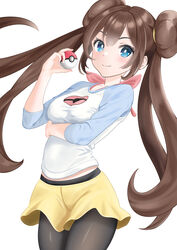  absurdres arm_under_breasts black_pantyhose blue_eyes brown_hair closed_mouth clothing_cutout double_bun female hair_bun highres holding holding_poke_ball long_hair looking_at_viewer pantyhose poke_ball poke_ball_(basic) pokemon pokemon_bw2 rosa_(pokemon) seriponpoyon shirt shorts sleeves_past_elbows smile solo stomach_cutout twintails white_background yellow_shorts 