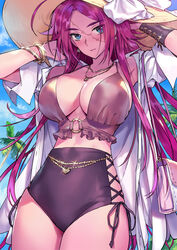  bag bare_shoulders belly_chain blue_eyes blush bracelet breasts cleavage collarbone collared_shirt cross-laced_clothes detached_sleeves dress_shirt earrings fate/extra fate_(series) female francis_drake_(fate) hat high-waist_bikini highres jewelry large_breasts long_hair long_sleeves looking_at_viewer matsuda_(matsukichi) necklace open_clothes open_shirt parted_bangs pink_hair scar scar_on_face shirt shoulder_bag single_detached_sleeve smile solo sun_hat thighs white_shirt 