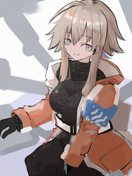  arknights asususususu black_gloves brown_hair closed_mouth female gloves grey_background grey_eyes hair_between_eyes highres jacket long_sleeves looking_at_viewer mayer_(arknights) medium_hair orange_jacket smile solo turtleneck two-tone_background white_background 