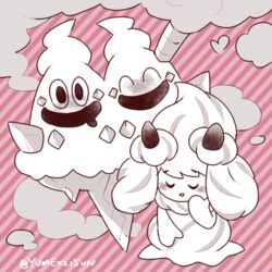  alcremie black_eyes blush closed_eyes commentary english_commentary full_body looking_at_viewer no_humans ozziemochi pokemon pokemon_(creature) signature striped striped_background vanilluxe 