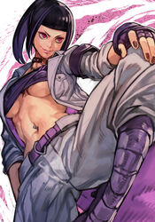  alternate_color alternate_hairstyle banchou bandeau belt black_hair blunt_bangs boots breasts brown_nails closed_mouth colored_inner_hair delinquent female fighting_stance fingernails hand_on_own_knee hungry_clicker jacket juri_han long_sleeves medium_breasts medium_hair multicolored_hair nail_polish navel navel_piercing o-ring_collar official_alternate_costume open_clothes open_jacket pants piercing player_2 ponytail purple_belt purple_footwear purple_hair red_eyes sanpaku smile solo standing standing_on_one_leg stomach street_fighter toned two-tone_hair underboob white_jacket white_pants 