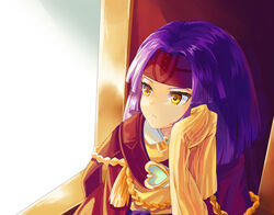  chair closed_mouth expressionless female fire_emblem fire_emblem:_path_of_radiance hand_on_own_face headband long_sleeves looking_away medium_hair purple_hair red_headband sanaki_kirsch_altina sitting sleeves_past_fingers sleeves_past_wrists solo unigon_(kitsutsuki) upper_body yellow_eyes 