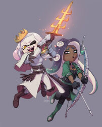  2girls bow_(weapon) catherine_(fire_emblem) catherine_(fire_emblem)_(cosplay) commentary company_connection cosplay crown dark-skinned_female dark_skin english_commentary fangs fire_emblem fire_emblem:_three_houses glowing glowing_sword glowing_weapon grey_background highres inkling looking_at_viewer marina_(splatoon) mole mole_under_mouth multicolored_hair multiple_girls nintendo octoling one_eye_closed pearl_(splatoon) shamir_nevrand shamir_nevrand_(cosplay) simple_background splatoon_(series) splatoon_2 stup-jam sword tentacle_hair thunderbrand tongue tongue_out two-tone_hair weapon 