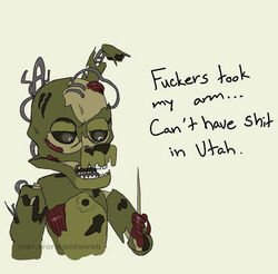  2020 ambiguous_gender animatronic anthro bone button_(fastener) corpse dialogue english_text exposed_endoskeleton five_nights_at_freddy&#039;s flesh freddy_fazbear&#039;s_pizzeria_simulator green_body lagomorph leporid machine mammal mr.wormdwideweb rabbit robot scottgames scraptrap_(fnaf) sharp_teeth solo teeth text watermark white_eyes 