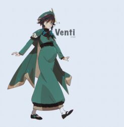  1boy artist_name beret black_footwear black_hair black_ribbon blue_background blue_eyes blue_hair braid character_name chromatic_aberration commission dress eighth_note full_body genshin_impact green_dress green_hat hat highres km92 long_dress long_sleeves male_focus male_pregnancy multicolored_hair musical_note otoko_no_ko pantyhose quarter_note ribbon shoes short_hair_with_long_locks simple_background solo twin_braids venti_(genshin_impact) walking whistling white_pantyhose 