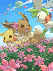  absurdres blue_sky closed_eyes cloud eevee flower hair_flower hair_ornament highres hoppip no_humans open_mouth outdoors petals pikachu pink_flower pokemon pokemon_(creature) pokemon_mystery_dungeon shaymin shaymin_(sky) skiploom sky teeth yamaori_(hakkentai_pokedan) 