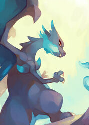  blue_fire charizard claws dragon fire flame-tipped_tail highres horns image_sample looking_at_viewer looking_back mega_charizard_x mega_pokemon no_humans pokemon pokemon_(creature) salanchu simple_background solo tumblr_sample white_background 