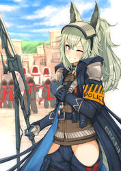  absurdres animal_ears arknights armband dodo_(yatotoyatoto) female gloves grani_(arknights) grey_hair grin highres hip_vent horse_ears long_coat no_panties one_eye_closed outdoors polearm ponytail purple_eyes reunion_soldier_(arknights) smile solo spear tail thumbs_up weapon 