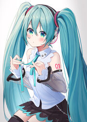  absurdres adjusting_neck_ribbon aqua_eyes aqua_hair aqua_nails aqua_ribbon bare_shoulders bib_(bibboss39) black_skirt black_thighhighs commentary cowboy_shot detached_sleeves female hair_ornament hatsune_miku hatsune_miku_(nt) headphones highres holding holding_ribbon layered_sleeves long_hair looking_at_viewer miniskirt nail_polish neck_ribbon piapro pleated_skirt ribbon see-through see-through_sleeves shirt shoulder_tattoo sitting skirt sleeveless sleeveless_shirt solo tattoo thighhighs twintails very_long_hair vocaloid white_shirt white_sleeves zettai_ryouiki 