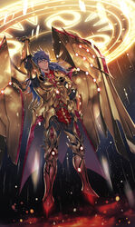  1boy afloat arm_up armor belt blue_hair dark_blue_hair dark_skin earrings fate/grand_order fate_(series) floating flying full_body gloves glowing glowing_armor greco-roman_clothes highres jewelry laser light long_hair long_sleeves looking_at_viewer magic_circle male_focus open_hand red_eyes roman_clothes romulus_quirinus_(fate) semi_(p-poco) solo very_long_hair weapon wings 