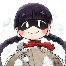  ajirogasa black_hair blunt_bangs blush braid capelet chamaji clothes_writing commentary dress female grey_dress hat holding holding_clothes holding_hat long_earlobes long_hair looking_at_viewer lowres profile_picture red_capelet shaded_face signature smile snow solo touhou twin_braids unworn_hat unworn_headwear upper_body white_background yatadera_narumi 