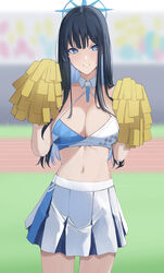  alternate_costume blue_archive blue_eyes blurry blurry_background breasts cheerleader cleavage cowboy_shot criss-cross_halter female halo halterneck highres large_breasts linea_alba looking_at_viewer millennium_cheerleader_outfit_(blue_archive) miniskirt navel pleated_skirt pom_pom_(cheerleading) ref_(pmxt4483) running_track saori_(blue_archive) skirt smile solo sports_bra stomach two-tone_sports_bra 