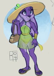  2020 anthro big_ears blue_eyes clothed clothing digital_media_(artwork) dress female footwear fully_clothed fur garcelle_(reign-2004) hat headgear headwear lagomorph leporid mammal paws purple_body purple_fur purse rabbit reign-2004 sandals simple_background smile solo standing translucent translucent_clothing whiskers 