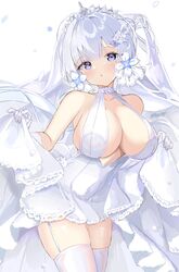  azur_lane blue_eyes breasts bridal_veil center_opening cleavage cowboy_shot dress female flower garter_straps gloves highres illustrious_(azur_lane) illustrious_(morning_star_of_love_and_hope)_(azur_lane) kisahipi lace-trimmed_dress lace_trim large_breasts long_hair mole mole_under_eye official_alternate_costume rose sleeveless sleeveless_dress solo thighhighs tiara tri_tails veil wedding_dress white_dress white_flower white_garter_straps white_gloves white_hair white_rose white_theme white_thighhighs 