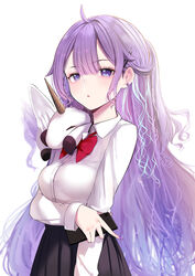  alternate_costume azur_lane bow bowtie cellphone cowboy_shot earrings female gyaru jewelry long_hair looking_at_viewer phone pleated_skirt purple_hair red_bow red_bowtie school_uniform schreibe_shura simple_background skirt smartphone stud_earrings stuffed_unicorn stuffed_winged_unicorn unicorn_(azur_lane) white_background 