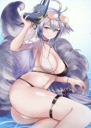  animal_ears ass aviator_sunglasses azur_lane bad_id bad_pixiv_id bikini black_choker breasts choker criss-cross_halter eyewear_on_head female fluffy fox_ears fox_girl fox_mask fox_tail gradient_background hair_between_eyes halterneck highleg highleg_bikini highres large_breasts long_hair looking_at_viewer manjirou_(manji_illust) mask mask_on_head navel official_alternate_costume short_eyebrows sitting_on_water smile solo sunglasses swimsuit tail thick_eyebrows tosa_(azur_lane) tosa_(hometown_zest)_(azur_lane) two-tone_bikini 