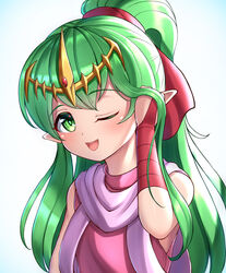  absurdres adjusting_hair bare_shoulders blue_background blush bridal_gauntlets commentary_request dress female fire_emblem fire_emblem:_mystery_of_the_emblem gem gloves gradient_background green_eyes green_hair hair_ribbon hand_up happy highres hondaranya lolicon long_hair looking_at_viewer one_eye_closed open_mouth pink_dress pointy_ears ponytail purple_scarf red_gemstone red_gloves red_ribbon ribbon scarf sidelocks simple_background single_bridal_gauntlet single_glove sleeveless sleeveless_dress smile solo teeth tiara tiki_(fire_emblem) tiki_(young)_(fire_emblem) upper_body yellow_headwear 