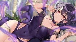  ahoge alternate_costume anklet black_hair black_one-piece_swimsuit bracelet breasts character_doll collarbone commentary_request corruption covered_navel dark_persona female fire_emblem fire_emblem_awakening fire_emblem_heroes grima_(fire_emblem) hair_between_eyes haru_(nakajou-28) highleg highleg_leotard jewelry leotard looking_at_viewer lying magic morgan_(female)_(fire_emblem) morgan_(fire_emblem) one-piece_swimsuit open_mouth outdoors partial_commentary plant purple_hair purple_leotard purple_one-piece_swimsuit red_eyes see-through short_hair small_breasts solo swimsuit thighlet thighs tree 