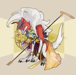  azelf bracelet claws closed_mouth commentary_request glowing glowing_eyes highres hunched_over jewelry looking_at_viewer lycanroc lycanroc_(midnight) nigiri_(ngr24) pokemon pokemon_(creature) staff yellow_eyes 