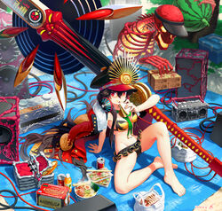  amplifier barefoot bikini black_bikini bottle bowl breasts cable can chopsticks coat crest drink_can eating family_crest fate/grand_order fate_(series) female food fruit guitar hat headphones headphones_around_neck highres instrument jacket jacket_on_shoulders knee_up legs long_hair long_sleeves looking_at_viewer medium_breasts microskirt military_hat navel noodles oda_nobunaga_(fate) oda_nobunaga_(swimsuit_berserker)_(fate) oda_nobunaga_(swimsuit_berserker)_(second_ascension)_(fate) oda_uri oversized_object peaked_cap pi_(p77777778) picnic_basket ramen red_coat sandwich sitting skeleton skirt soda_can stereo swimsuit visor_cap watermelon 