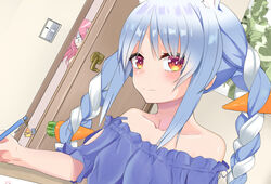  2girls alternate_costume animal_ear_fluff animal_ears arm_rest bare_shoulders blue_hair blue_shirt blush braid breasts carrot_hair_ornament closed_mouth clothing_cutout collarbone commentary door dutch_angle food-themed_hair_ornament hair_between_eyes hair_ornament highres hitachi_sou holding holding_pen hololive indoors long_hair looking_at_another looking_at_viewer medium_hair multicolored_hair multiple_girls off-shoulder_shirt off_shoulder orange_eyes pen pink_hair rabbit-shaped_pupils rabbit_ears rabbit_girl sakura_miko shaded_face shirt short_sleeves sidelocks sitting small_breasts symbol-shaped_pupils table twin_braids twintails two-tone_hair upper_body usada_pekora virtual_youtuber white_hair 