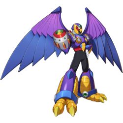  1boy animal armor beak bird claws eagle forehead_jewel full_body highres looking_at_viewer male_focus mega_man_(series) mega_man_x1 mega_man_x_(series) mega_man_x_dive mizuno_keisuke official_art purple_armor shoulder_armor solo storm_eagle_(mega_man) transparent_background weapon wings 