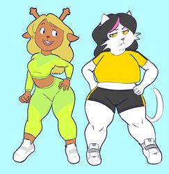  2021 5_fingers absurd_res anthro antlers athletic athletic_female athletic_wear biped black_bottomwear black_clothing black_hair black_shorts blonde_hair blue_background bottomwear breasts buckteeth cat_tail catti_(deltarune) catty_baby clothed clothing cosplay curvy_figure deer deltarune digital_media_(artwork) domestic_cat duo ear_piercing ear_ring eyebrows eyelashes eyeliner felid feline felis female fingers fist footwear freckles frown fur gg_wild green_bottomwear green_clothing green_pants green_topwear hair half-closed_eyes hand_on_hip hi_res high_waisted_bottomwear highlights_(coloring) horn jewelry long_hair looking_aside looking_at_viewer makeup mammal midriff multicolored_clothing narrowed_eyes new_world_deer noelle_holiday open_mouth pants piercing pink_nose pose raised_eyebrow red_nose reindeer ring_piercing shirt shoes short_hair shorts simple_background slightly_chubby slightly_chubby_female smile sneakers standing tan_body tan_fur teeth thick_thighs tito_lizzardo_and_catty_b toonarscontent topwear two_tone_clothing undertale_(series) voluptuous whiskers white_body white_clothing white_footwear white_fur white_shoes wide_hips workout_clothing yellow_clothing yellow_sclera yellow_shirt yellow_topwear yoga_pants 