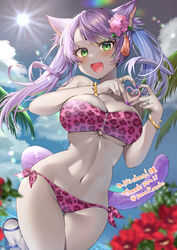  :d absurdres animal_ears animal_print ass_visible_through_thighs bare_shoulders bikini blurry blurry_foreground blush bracelet breasts cat_ears cat_girl cat_tail cleavage colored_skin commission cowboy_shot female final_fantasy final_fantasy_xiv flower green_eyes grey_skin hair_flower hair_ornament heart heart_hands highres jewelry large_breasts leopard_print long_hair miqo&#039;te nail_polish navel open_mouth original outdoors pale_skin print_bikini purple_hair purple_nails ring sandals side-tie_bikini_bottom skeb_commission sky smile solo standing standing_on_one_leg strapless strapless_bikini sun swept_bangs swimsuit tail tassel thigh_gap twintails warrior_of_light_(ff14) yam_(yamap_mako) 