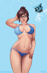  bad_id bad_pixiv_id bikini blue_bikini breasts brown_eyes brown_hair collarbone curvy drone female hair_bun heart heart-shaped_eyes koshio large_breasts lips mei_(overwatch) navel nose overwatch overwatch_1 pinup_(style) print_bikini short_hair side-tie_bikini_bottom single_hair_bun snow snowball_(overwatch) snowflake_print solo standing swept_bangs swimsuit thigh_gap 