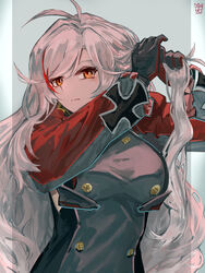  absurdres adjusting_hair antenna_hair azur_lane black_gloves blue_background breasts brown_eyes closed_mouth commentary cross female gloves hair_between_eyes highres iron_cross jacket large_breasts long_hair long_sleeves looking_at_viewer multicolored_hair ootato prinz_eugen_(azur_lane) red_hair simple_background solo streaked_hair upper_body very_long_hair white_hair 