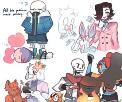  bad_id bad_tumblr_id brown_eyes charamells commentary crossover english_commentary english_text flower flowey_(undertale) furry gracidea hair_flower hair_ornament highres mettaton mettaton_ex musharna napstablook papyrus_(undertale) pokemon pokemon_(creature) sans_(undertale) simple_background skeleton sweat sylveon toriel undertale undyne vulpix white_background zzz 