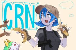  banana baseball_cap black_shirt blue_eyes blue_hair blush breasts brown_gloves brown_headwear character_name cirno cirno_(cookie) commentary_request cookie_(touhou) daiyousei diyusi_(cookie) female fingerless_gloves food fruit gloves gun hair_between_eyes handgun hat highres holding holding_food holding_fruit holster looking_to_the_side medium_breasts open_mouth pinky_out psychic_parrot shirt short_hair short_sleeves smile sukusuku_hakutaku touhou upper_body weapon 