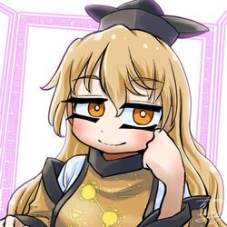  black_hat blonde_hair chamaji commentary constellation constellation_print dress female green_dress hair_between_eyes hat head_rest long_hair long_sleeves looking_at_viewer lowres matara_okina profile_picture smile solo tabard touhou upper_body yellow_eyes 